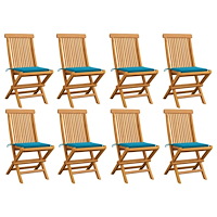 vidaXL Trädgårdsstolar med blåa dynor 8 st massiv teak