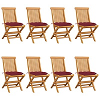 vidaXL Trädgårdsstolar med vinröda dynor 8 st massiv teak