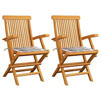 vidaXL Trädgårdsstolar med dynor grått rutmönster 2 st massiv teak