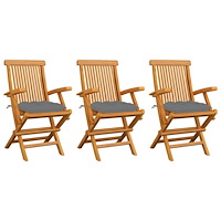 vidaXL Trädgårdsstolar med gråa dynor 3 st massiv teak