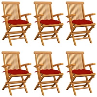 vidaXL Trädgårdsstolar med röda dynor 6 st massiv teak