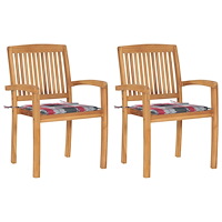 vidaXL Trädgårdsstolar 2 st med rödrutiga dynor massiv teak