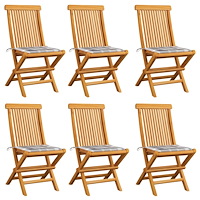 vidaXL Trädgårdsstolar med dynor grått rutmönster 6 st massiv teak