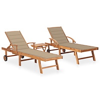 vidaXL Solsäng 2 st med bord och dyna massiv teak