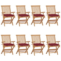 vidaXL Trädgårdsstolar med vinröda dynor 8 st massiv teak