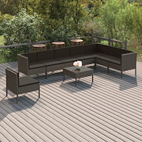 vidaXL Loungegrupp för trädgården med dynor 9 delar konstrotting grå