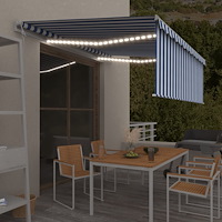 vidaXL Automatisk markis med rullgardin vindsensor LED 4,5x3 m blå/vit