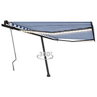 vidaXL Markis manuellt infällbar med LED 450x350 cm blå och vit