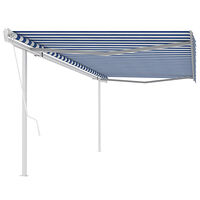 vidaXL Markis med stolpar automatiskt infällbar 5x3 m blå och vit