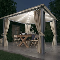 vidaXL Paviljong med gardin & ljusslinga LED 3x3 m gräddvit aluminium