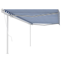 vidaXL Markis med stolpar automatisk infällbar 5x3,5 m blå och vit