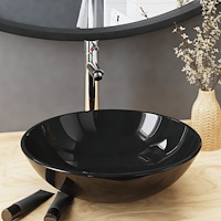 vidaXL Handfat med kran och tryckavlopp svart härdat glas