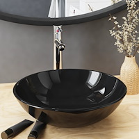 vidaXL Handfat med kran och tryckavlopp svart härdat glas