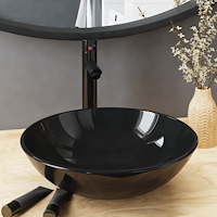 vidaXL Handfat med kran och tryckavlopp svart härdat glas