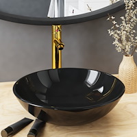 vidaXL Handfat med kran och tryckavlopp svart härdat glas