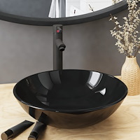 vidaXL Handfat med kran och tryckavlopp svart härdat glas