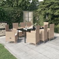 vidaXL Matgrupp för trädgården med dynor 9 delar beige
