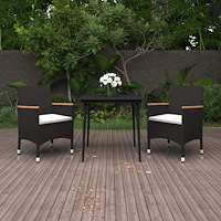 vidaXL Matgrupp för trädgården 3 delar med dynor konstrotting och glas