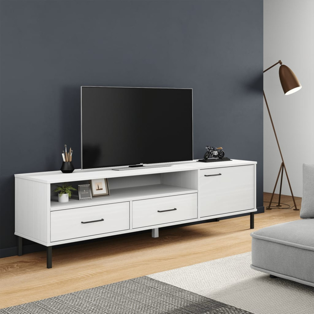 Tv-bänk med metallben OSLO vit massiv furu