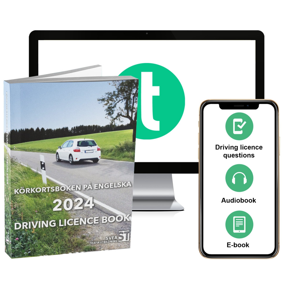 Körkortsboken på Engelska 2024 ; Driving licence book (book + theory pack with online exercises, theory questions, audio... Trafikutbildning, Svea