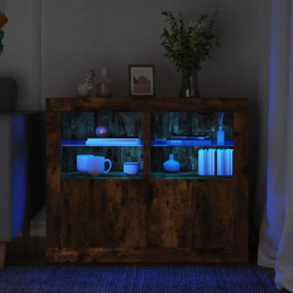 Sängbord med LED-lampor 2 st rökfärgad ek konstruerat trä