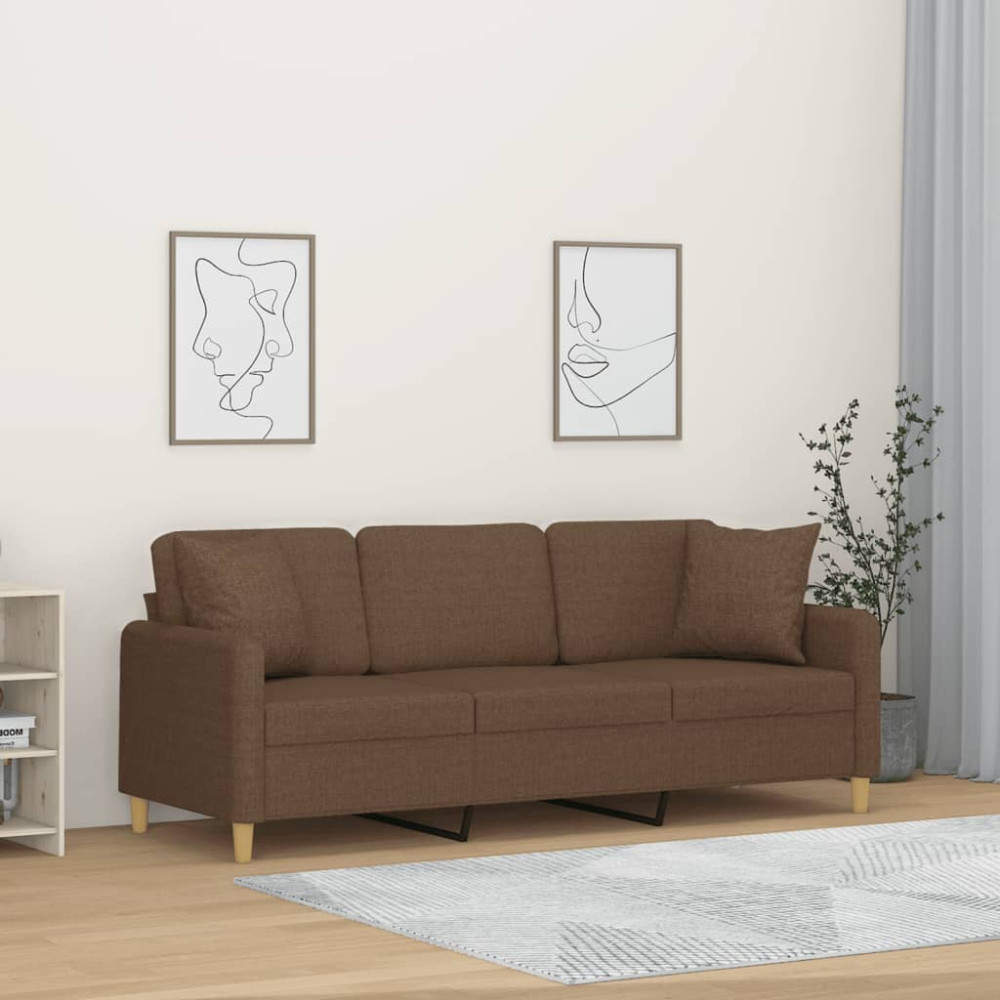 3-sitssoffa med prydnadskuddar brun 180 cm tyg