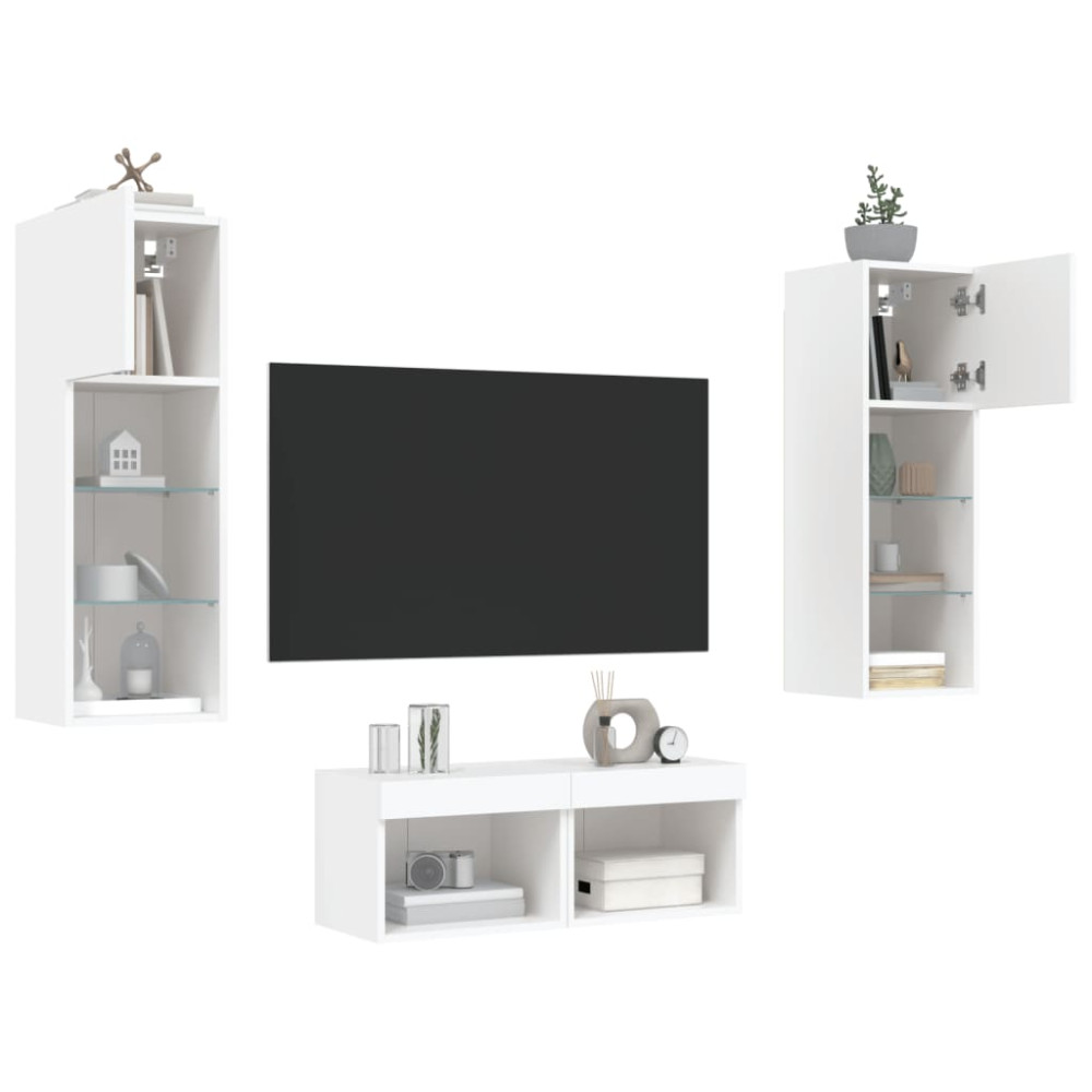 Väggmonterade tv-skåp 4 delar med LEDs vit