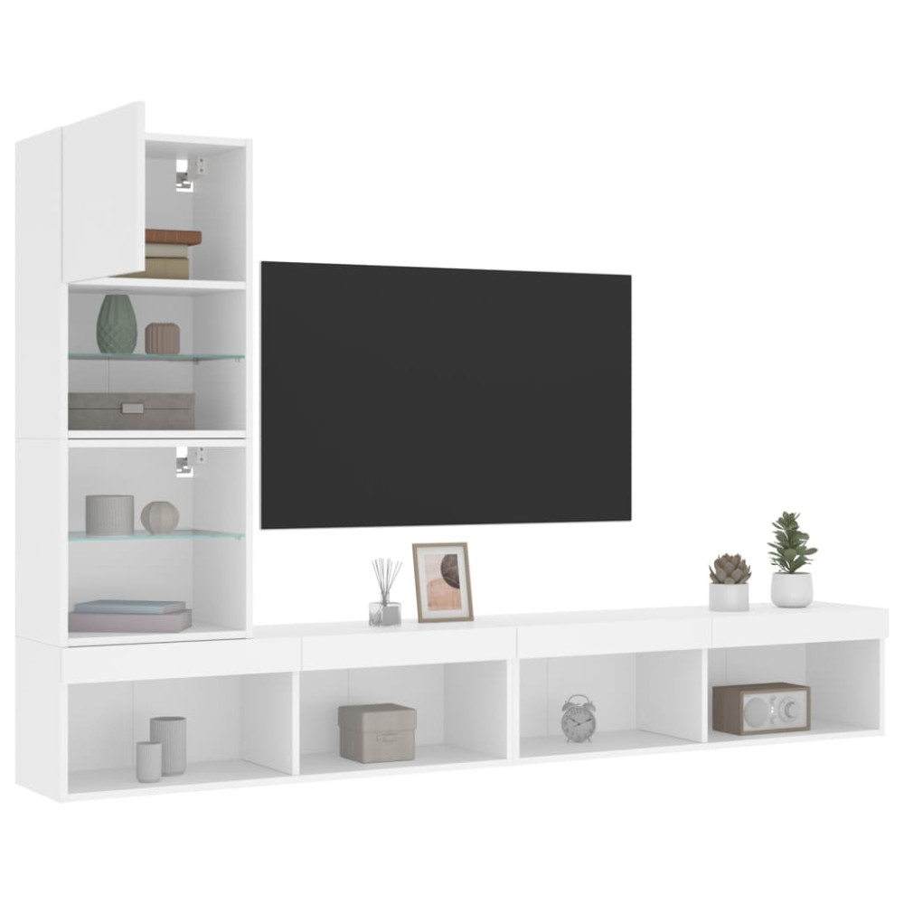 Tv-bänk 4 delar LED vit konstruerat trä