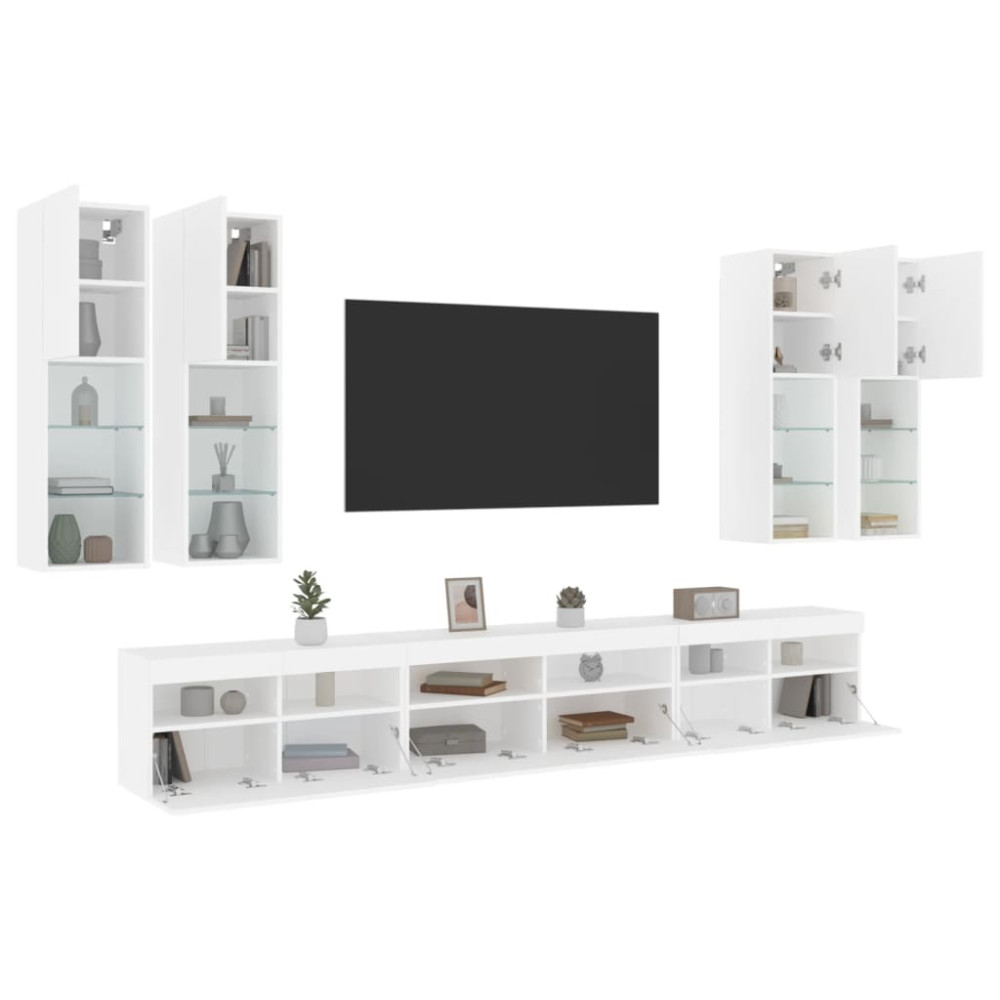 Väggmonterade tv-skåp 7 delar med LEDs vit