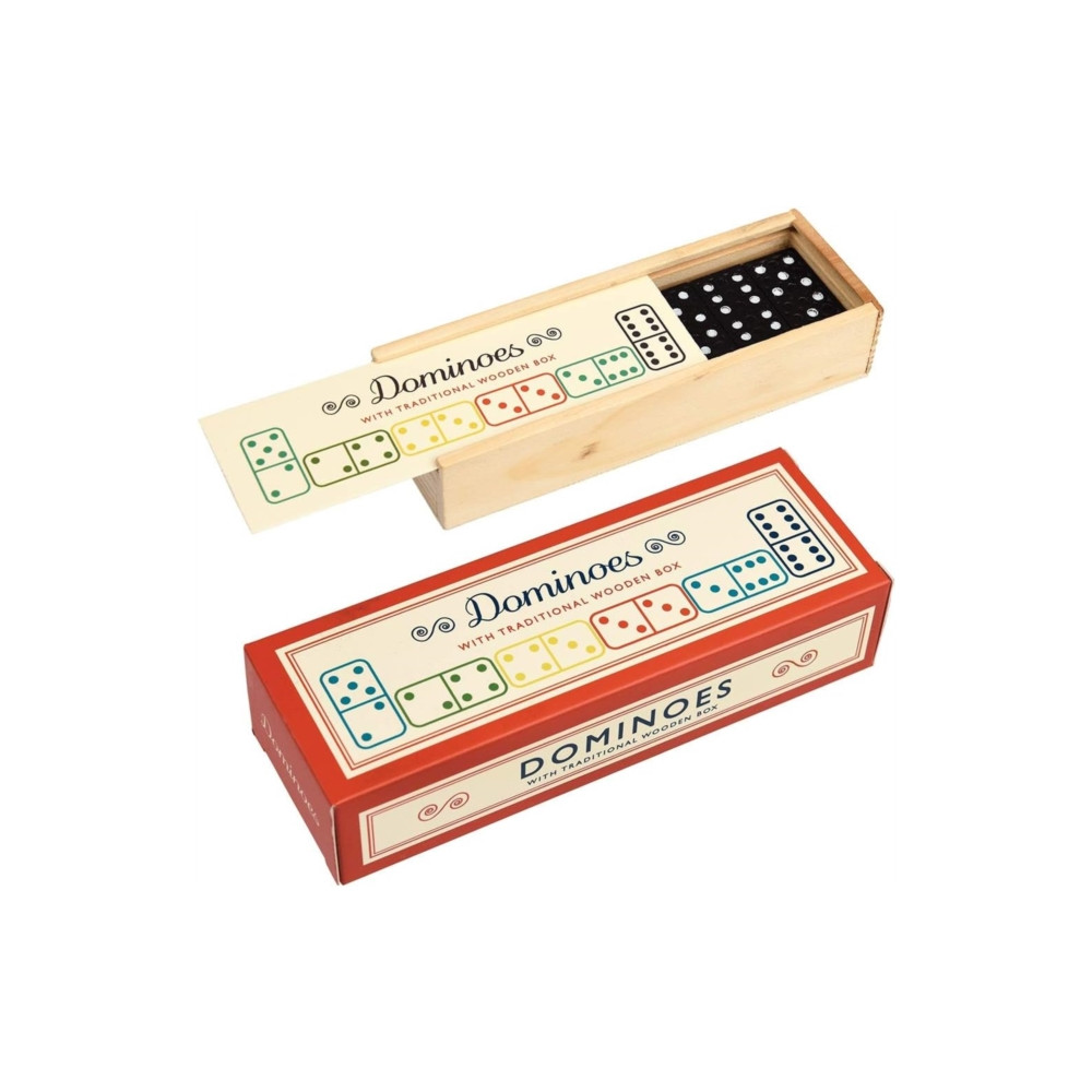 Wooden box of dominoes
