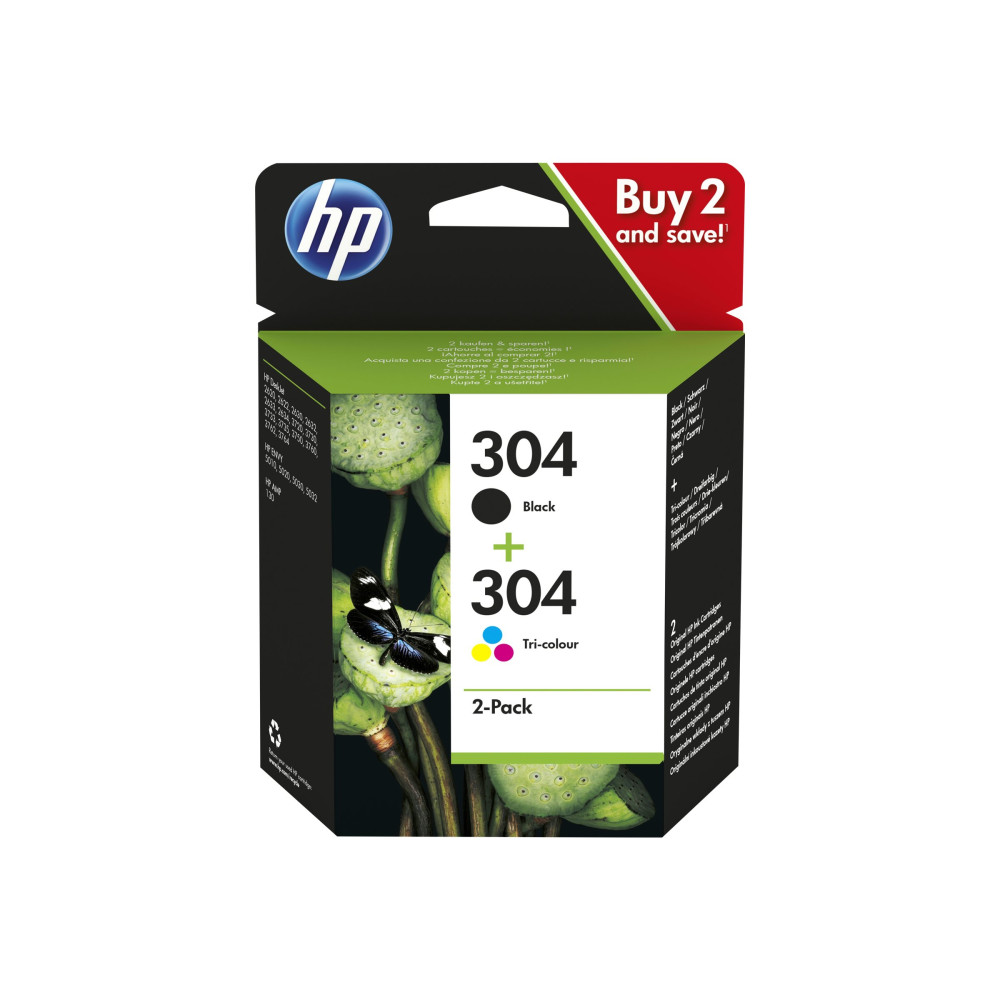 HP 304 - 2-pack - svartfärgad, färg (cyan, magenta, gul) - original - bläckpatron