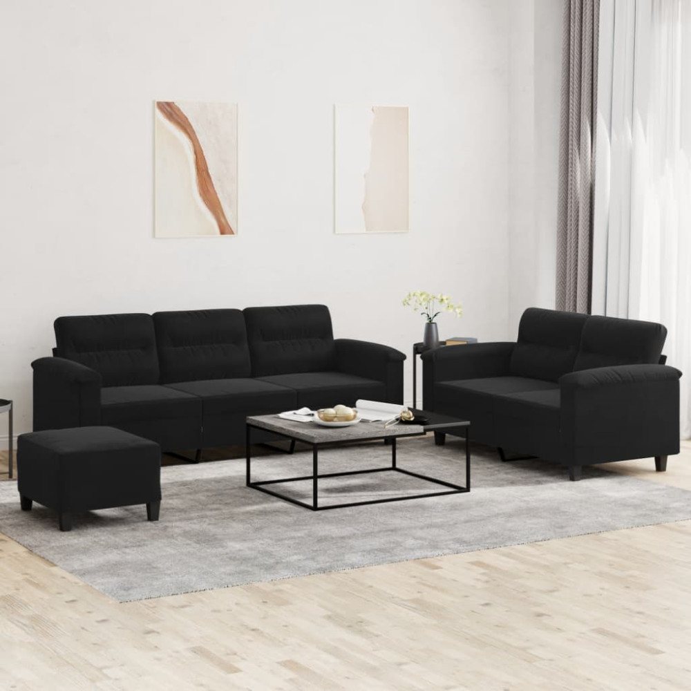 Soffgrupp med kuddar 3 delar svart mikrofibertyg