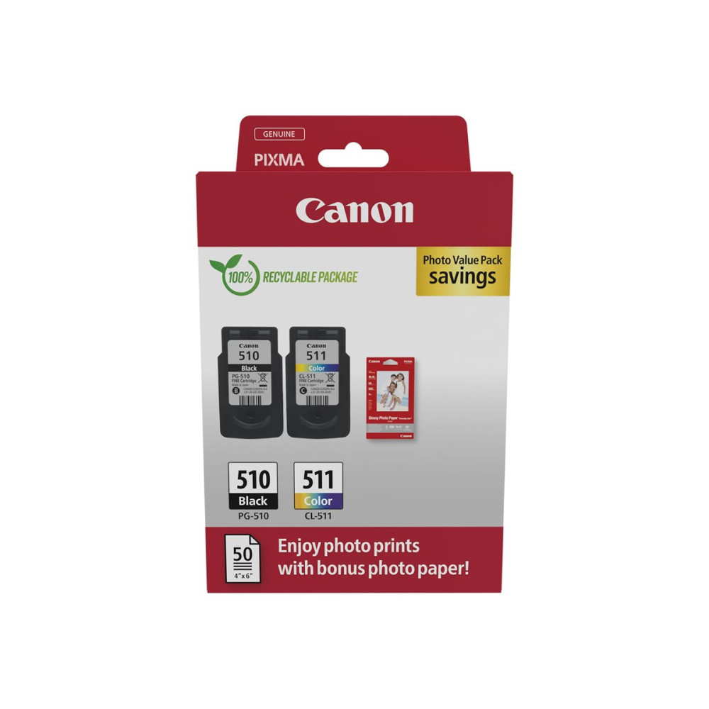 Canon PG-510/CL-511 Photo Paper Value Pack - 2-pack - svart, färg (cyan, magenta, gul) - original - bläckpatron/papperss...