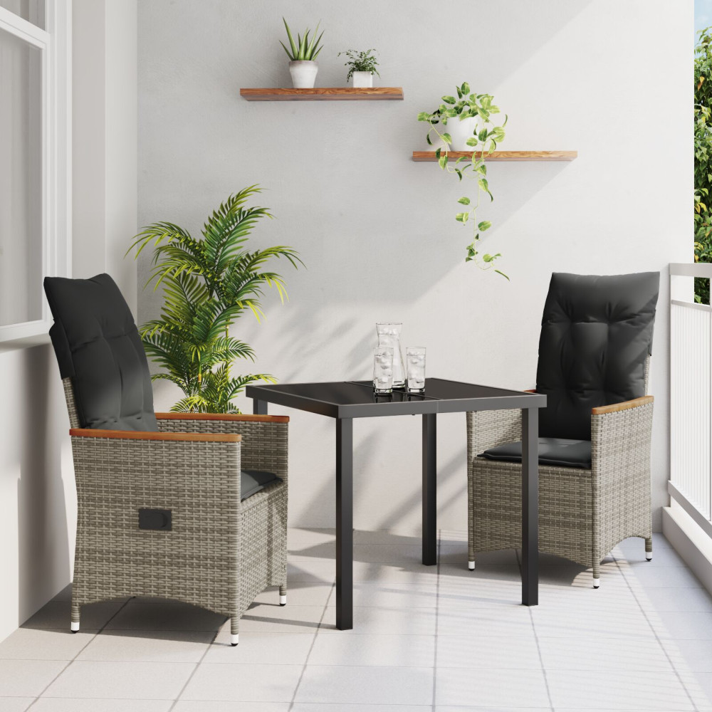 3 Delars Trädgårdsmöbelset med Kuddar Grå Poly Rattan