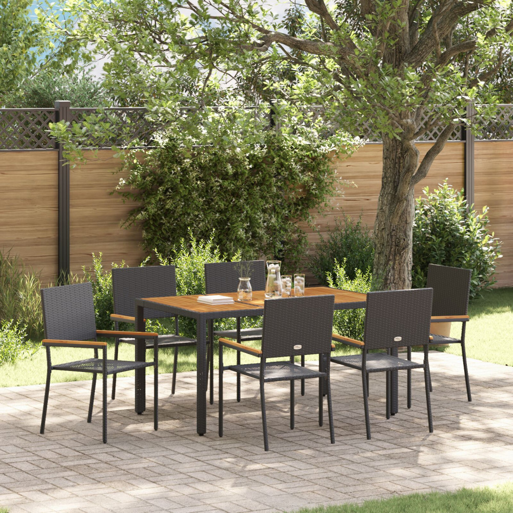 7-delars Trädgårds-Dining Set Svart Poly Rattan, vidaXL Stapelbara Trädgårdsstolar med Kuddar - 2-delars set i Svart Pol...