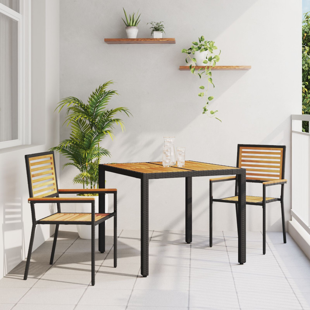 3 Delad Trädgårdsmatsal Svart Poly Rattan Akacia, vidaXL Stapelbara Trädgårdsstolar med Kuddar 2 st Svart Poly Rattan