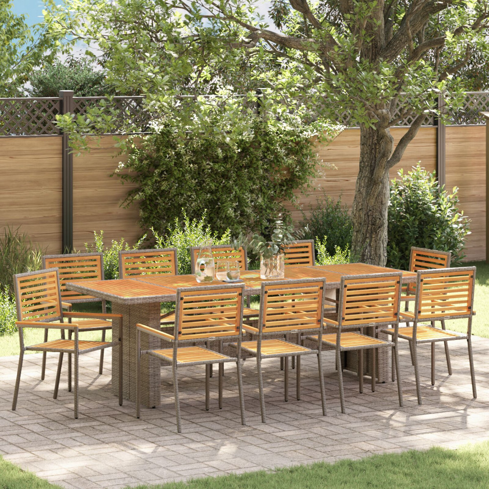 11-delars trädgårdsdining set grå poly rattan acacia, vidaXL stapelbara trädgårdsstolar med kuddar 2 st grå poly rattan