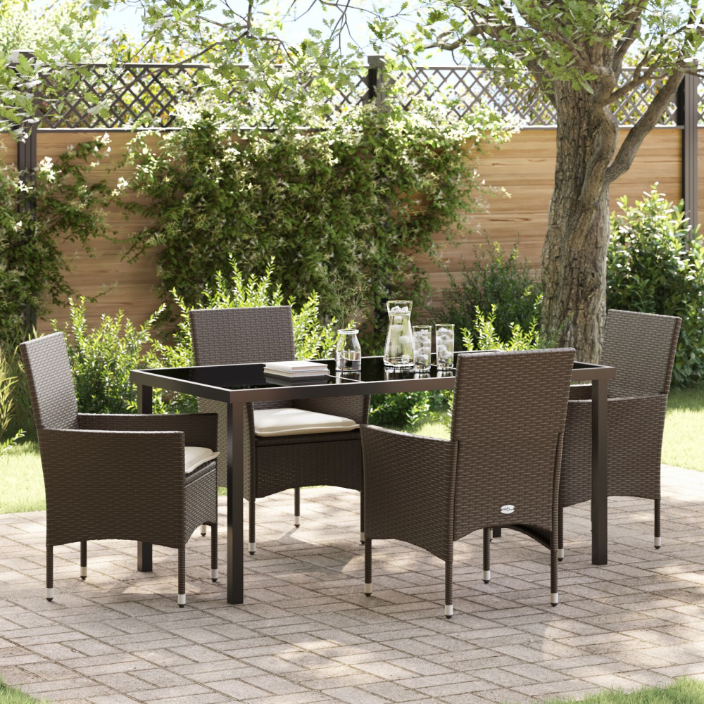 5-delars trädgårdsdining set med kuddar brun poly rattan, vidaXL Trädgårdsbord svart 160x80x73 cm härdat glas