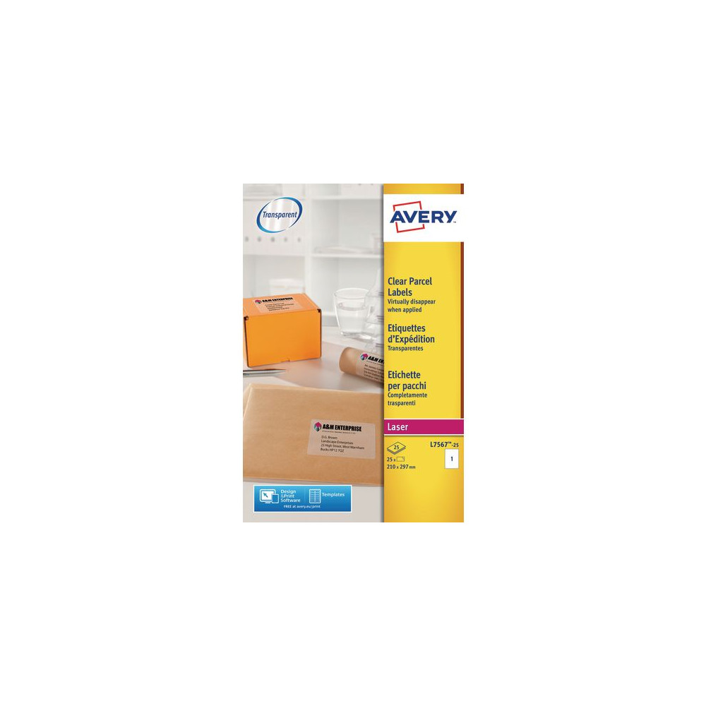 Etikett AVERY transp 210x297mm 25/fp