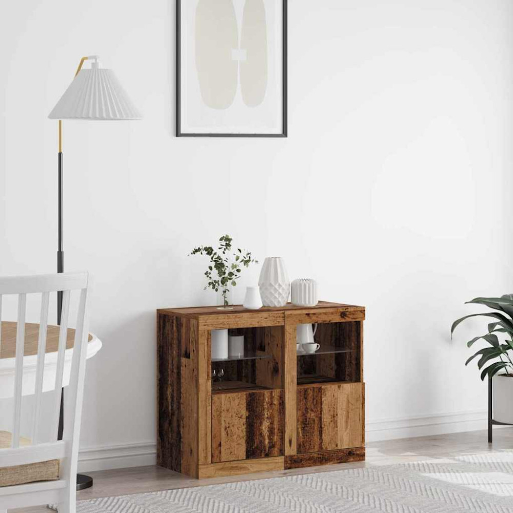 Sidokabinetter med LED-lampor 2 st Gamla trä 41x37x67 cm