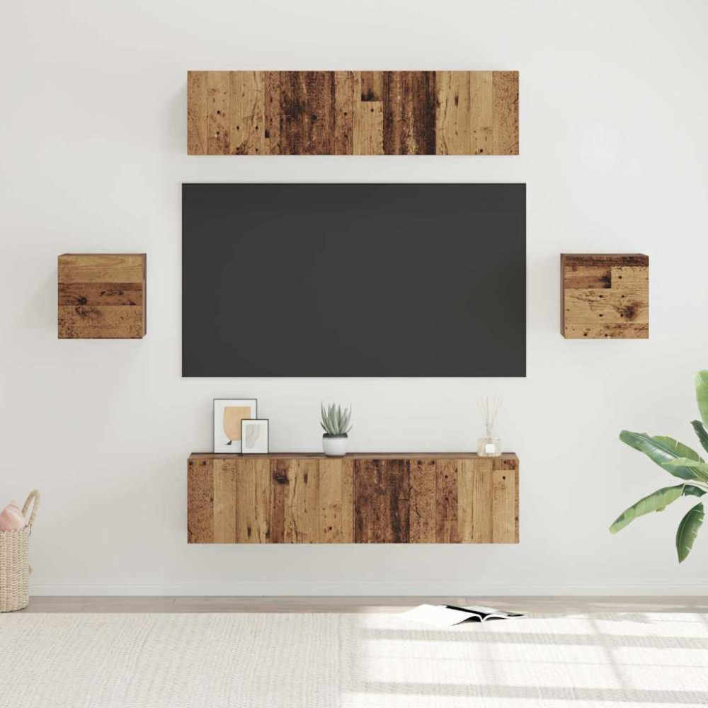 TV-bänkset Väggmonterad 6 pcs Gammalt trä Konstruerat trä
