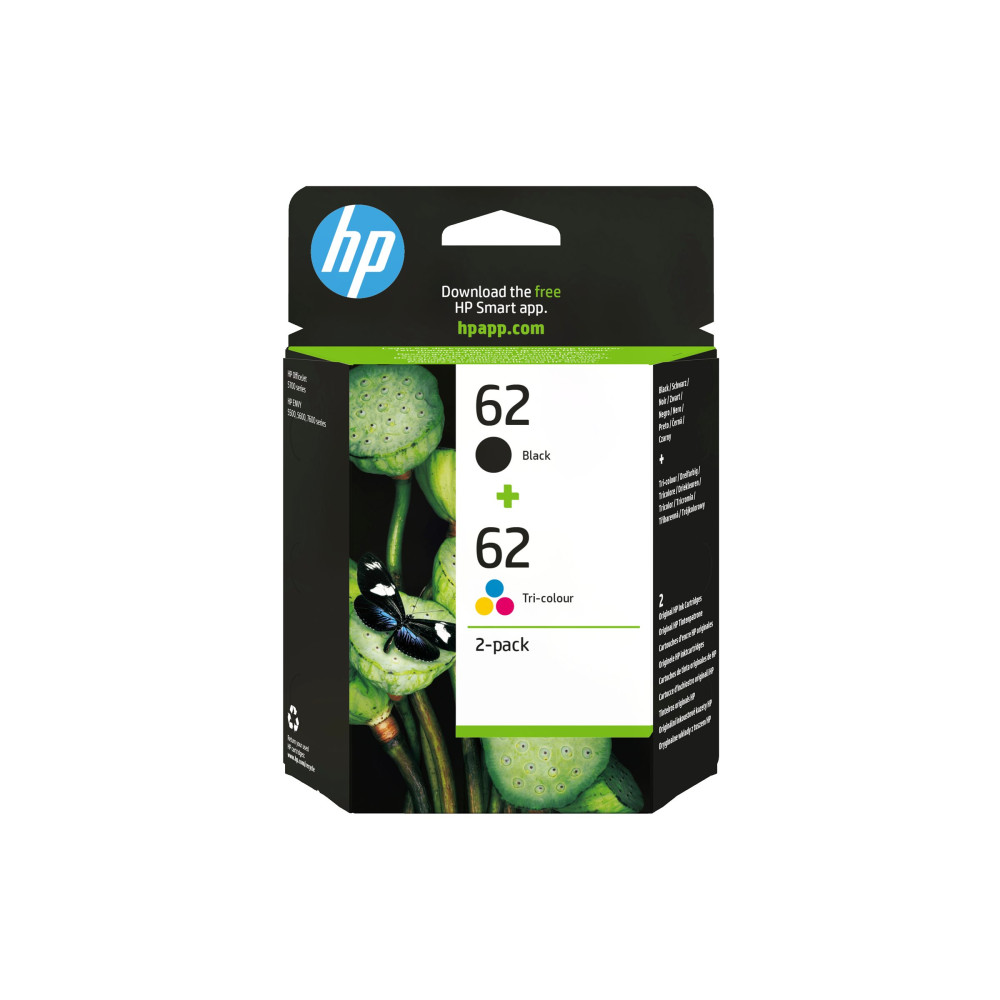 HP 62 - 2-pack - svartfärgad, färg (cyan, magenta, gul) - original - bläckpatron