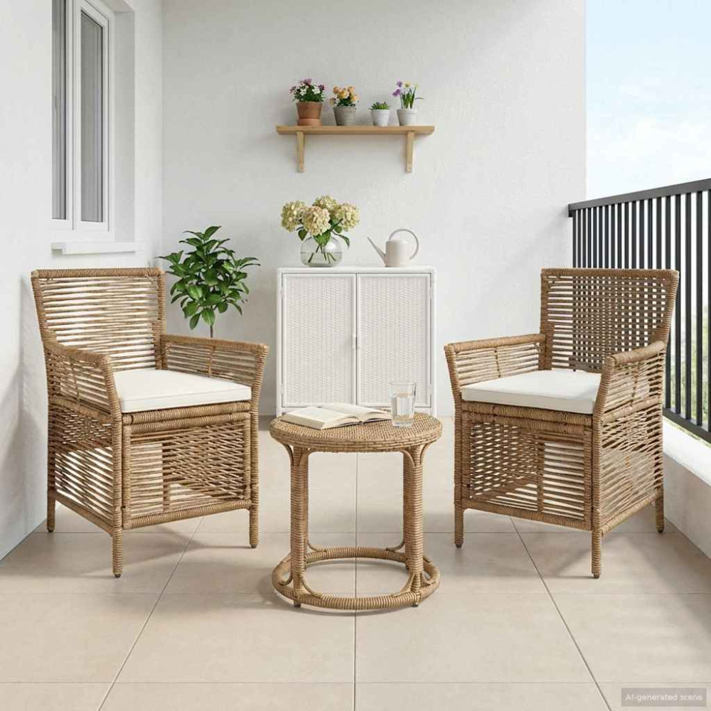 Utomhusstol med kudde 2 pcs Beige och gräddfärgad konstrotting