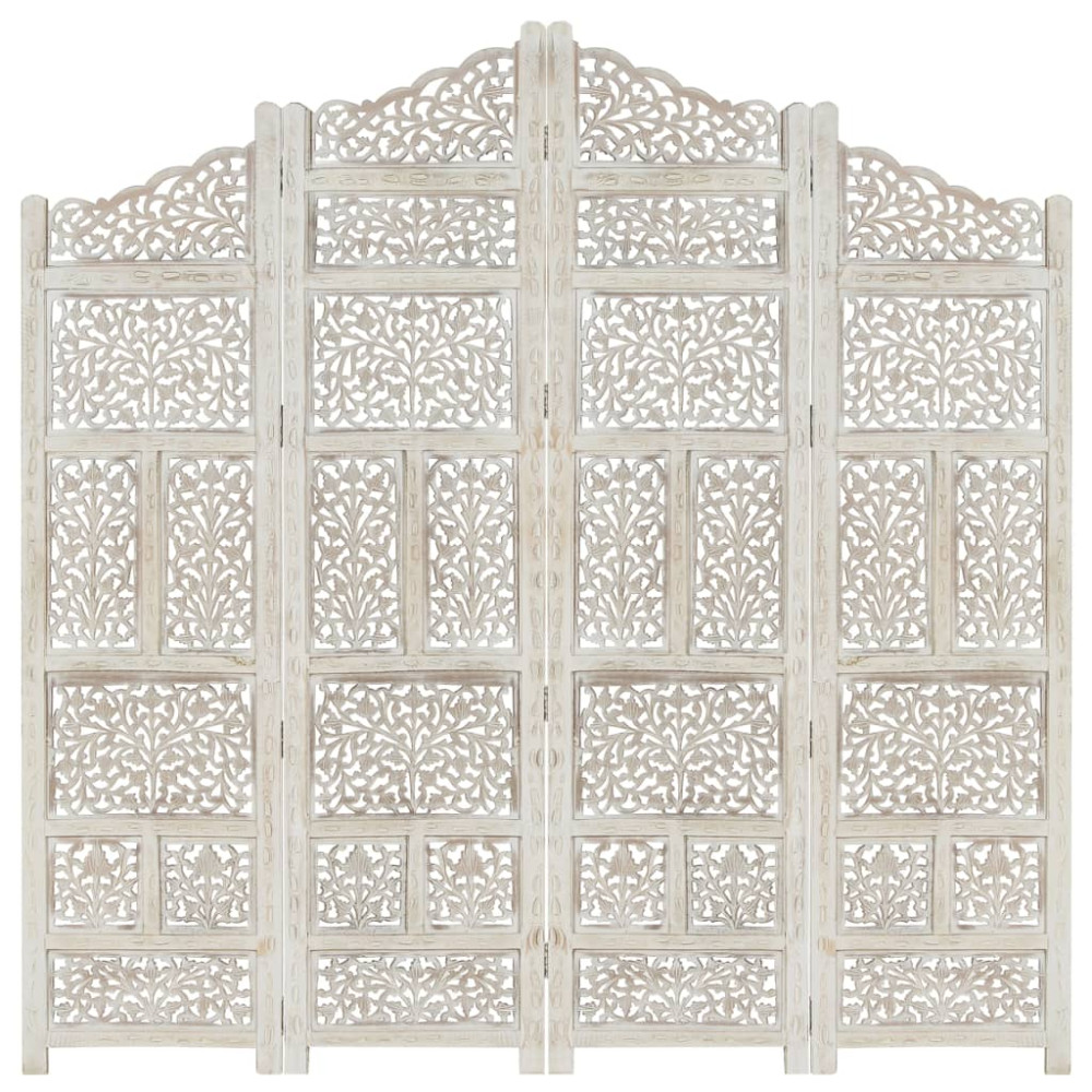 Rumsavdelare 4 paneler handsnidad vit 160x165 cm mangoträ