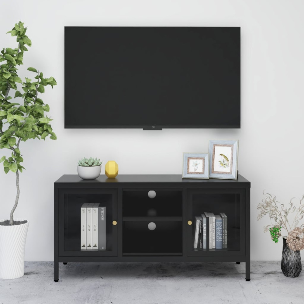 TV-bänk svart 105x35x52 cm stål och glas